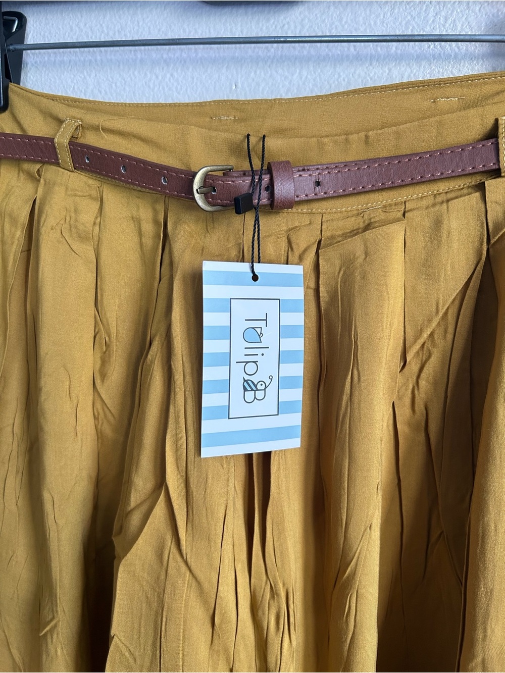 NWT Tulip B Mustard Yellow Midi Maxi Lined Pockets Skirt with Brown Belt Size M - Picture 3 of 8